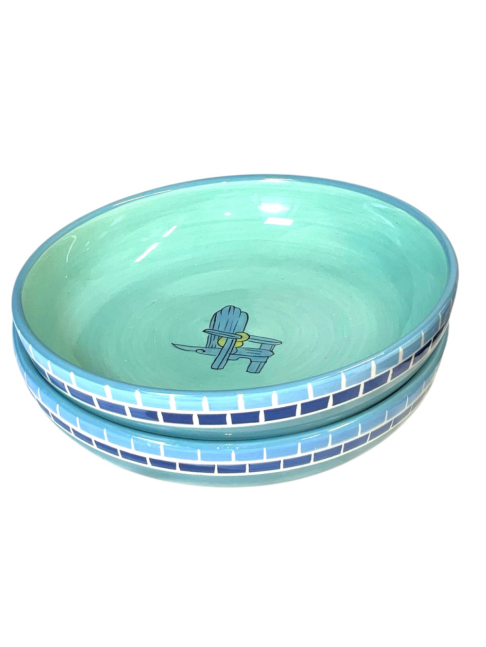 KIC Brushes Handpainted Stoneware Coastal Adirondack Chair 9” Aqua Bowls - 2